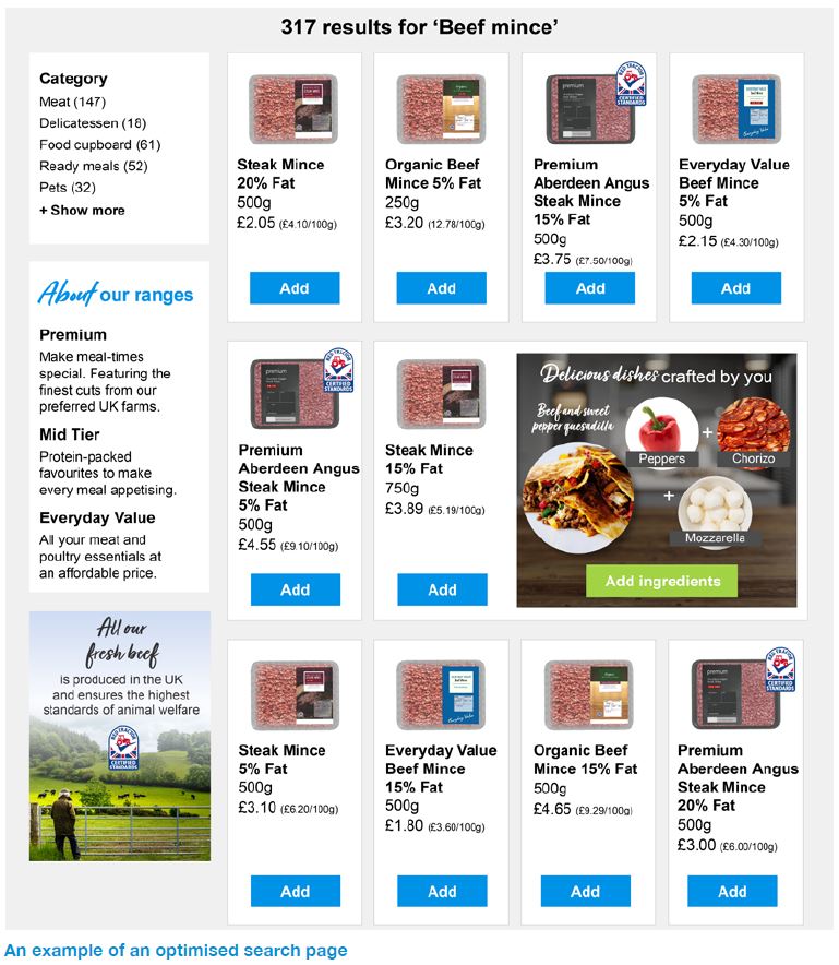an optimised search page for beef mince with inspiration and farming messaging